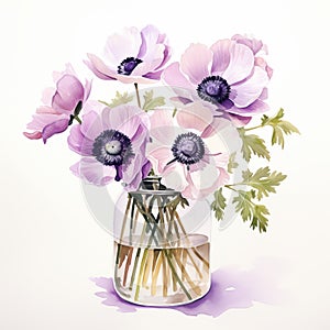 Delicate Watercolor Illustration Of Purple Anemones In A Vase