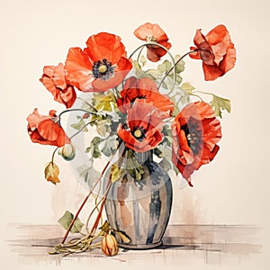 Delicate Watercolor Illustration Of Red Poppies In A Vase