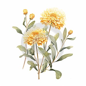 Delicate Watercolor Illustration Of Yellow Chrysanthemum Flower