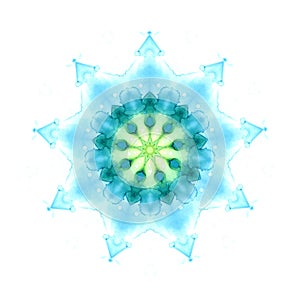 Delicate watercolor mandala star pattern isolated on white background. Kaleidoscope effect.