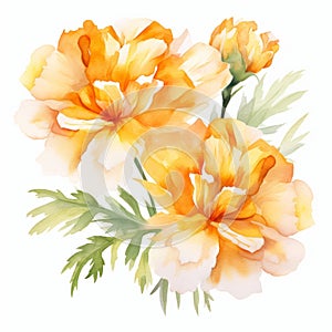 Delicate Watercolor Marigold Painting With White Alba Flowers