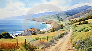Delicate Watercolor Painting Of Coastal Road: Precisionist Art Style photo