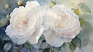 Delicate Watercolor Painting Of Two White Roses