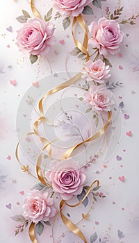 Delicate Watercolor Roses and Gold Ribbons Wallpaper with Pastel Hearts for a Romantic Atmosphere photo