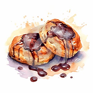 Delicate Watercolor Scones With Chocolate Glaze On White Background