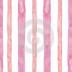 Delicate watercolor seamless pattern with pink vertical strips and lines on white background. Vintage Striped decorative print 