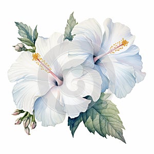 Delicate Watercolor White Hibiscus Flower Illustration On White Background photo