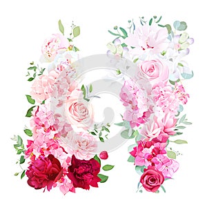 Delicate wedding ombre bouquets of rose, peony, camellia, hydran