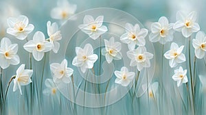 Delicate White Daffodils in a Soft Blue Garden