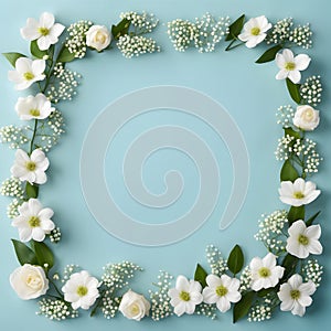 Delicate White Flowers on Pastel Blue Backdrop (AI-Generated)