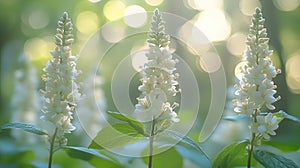 Delicate white flowers in sunlit forest glade