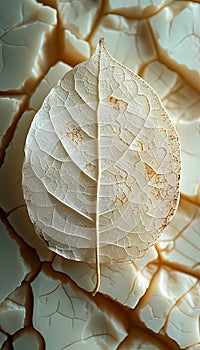 Delicate White Leaf on Cracked Beige Texture