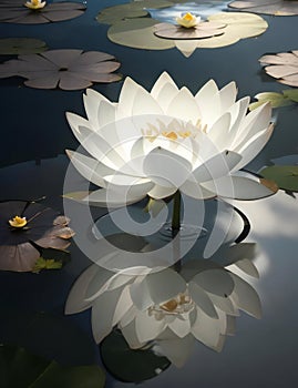 A delicate white lotus flower emerging from the depths of a glassy pond, its petals unfurling in a graceful dance.