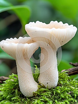 Delicate white mushrooms growing on moss