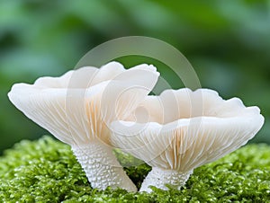 Delicate white mushrooms growing in the moss