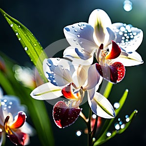 The delicate White and Orange Orquideas flowers bloom in the early morning light, adorned with a reflection in the water below. photo