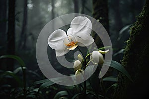 delicate white orchid flower highlighted against a dark, mystical forest backdrop