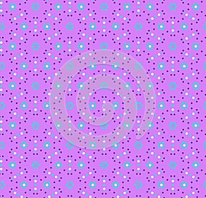 Cute kids geometric pattern of delicate white and pastel green polka dots and flowers isolated on a pink lilac background