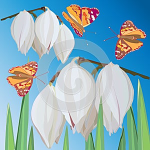 Delicate white Yucca flowers and flying orange butterflies against the blue sky