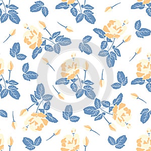 Delicate yellow roses seamless pattern. Hand drawn flat silhouettes of flowers. Rich floral ornament of lush