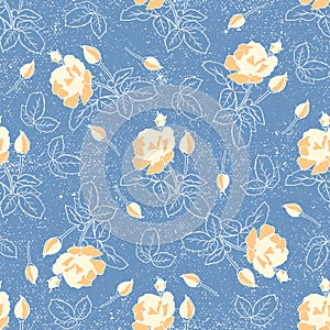 Delicate yellow roses seamless pattern. Hand drawn flat silhouettes of flowers on texture background. Rich floral