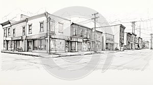 Delicately Detailed Sketch Of Restored Urban Street With Cars And Houses