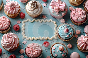 Delicately Frosted Cupcakes and Confections Arranged Around a Blank Centerpiece