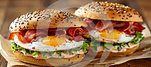 Delicately poached eggs atop gourmet sandwich in captivating professional food photography