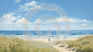 Delicately Rendered Beach Landscape With Expansive Blue Sky