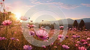 Delicately Rendered Cosmos Flowers At Provence Morning: A Whistlerian Sunset Background Photo