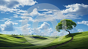 Delicately Rendered Landscapes: Vibrant, Photorealistic Green Hill With Clouds