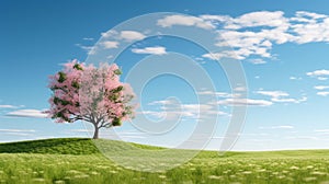 Delicately Rendered Pink Tree In Green Field Stock Photo