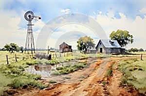 Delicately Rendered Watercolor Of Barn And Windmill In Southern Countryside