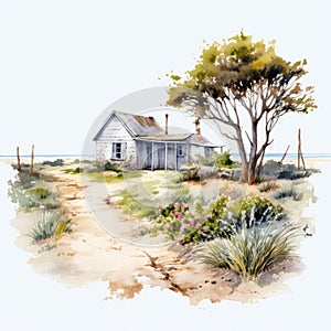 Delicately Rendered Watercolor Illustration Of An Old Hut Near The Sea photo