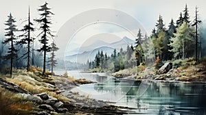 Delicately Rendered Watercolor Landscape: Pine Trees Along Water