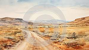 Delicately Rendered Watercolor Painting Of A Desert Dirt Road