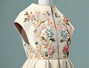 Delicately stitched embroidery adorning pleated chintz. AI generation