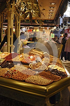 Delicatessen shop in market. Barcelona. Spain