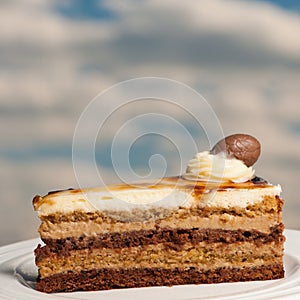 Deliceous slice og Caramel Mousse cake on a plate closeup photo