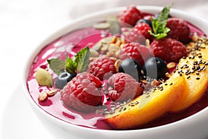 Delicious acai smoothie with granola and berries in dessert bowl on table