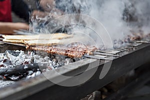 Delicious Adana kebabs are grilling on a barbecue with smoke, close up