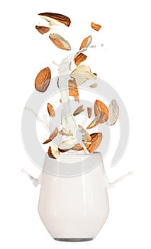 Delicious almond milk and nuts on white background