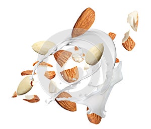 Delicious almond milk and nuts on white background