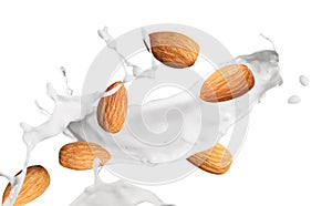 Delicious almond milk and nuts on white background