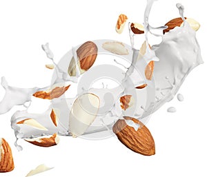 Delicious almond milk and nuts on white background