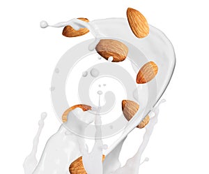 Delicious almond milk and nuts on white background