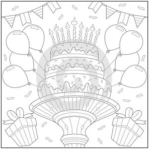 Delicious and amazing party cake with balloon, flag and gift box. Learning and education coloring page