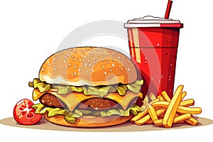 Delicious American Burger: Tasty Fast Food Snack with Cheese, Meat, and Fries - An Illustration of a Tempting
