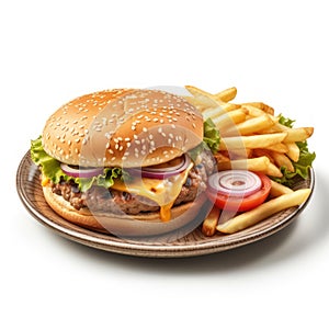 Delicious American Cheeseburger with Fries on a Plate .