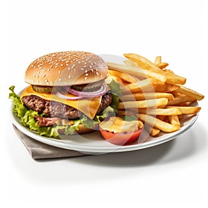 Delicious American Cheeseburger with Fries on a Plate .